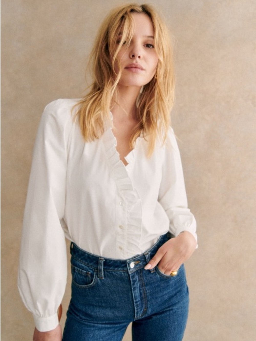 Sezane White Ruffle V-Neck Blouse